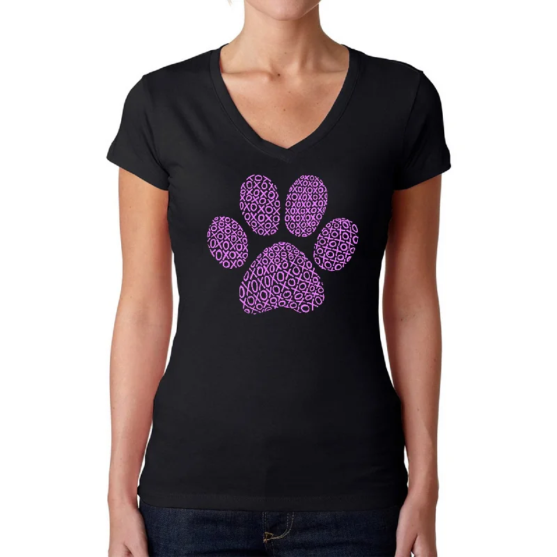XOXO Dog Paw  - Women's Word Art V-Neck T-Shirt Cool Women's Distressed