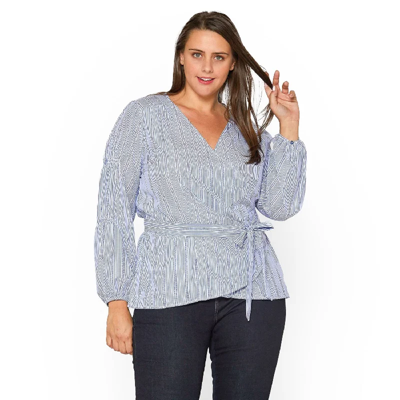 Plus Size Stripe Wrap Blouse in Blue Polished Women's Silk