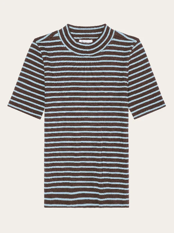 Striped rib high neck short sleeved - Brown stripe Casual Women's Japanese 