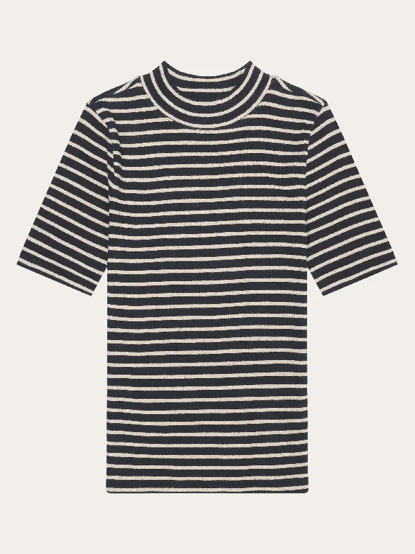 Striped rib high neck short sleeved - Stripe - navy Laid - back Women's Style