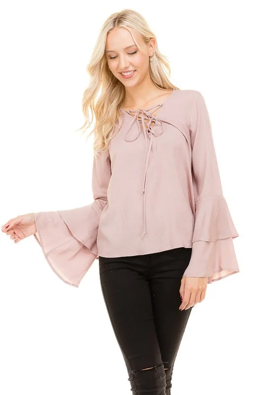 Flow Freely Lace-Up Bell Sleeve Top Stylish Women's Neon