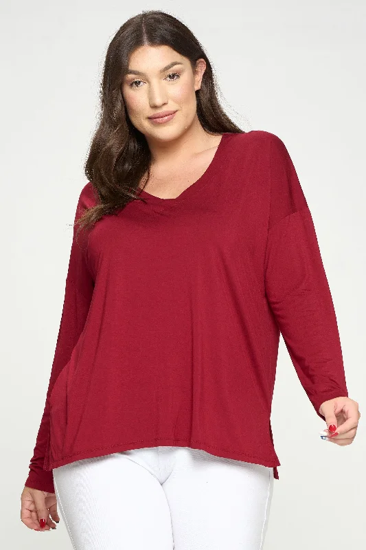 Plus Size Basic V-Neck Solid Long Sleeve Top Rugged Women's Outdoor 