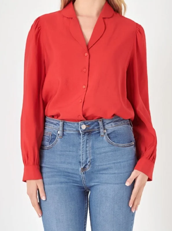Scallop Silk Blouse - Red Youthful Women's Pop