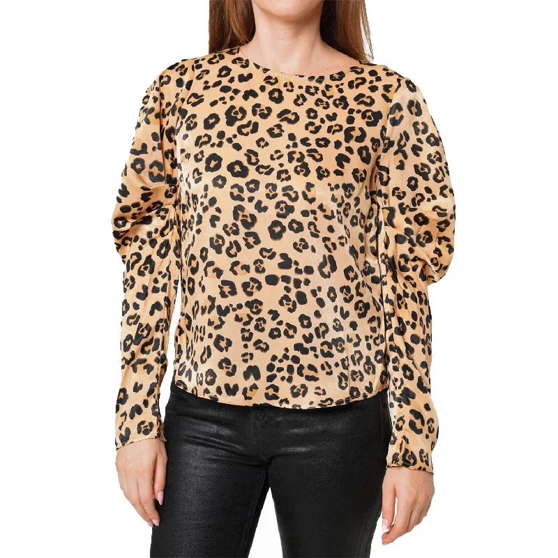Leopard Print Puffy Shoulder Top in Brown leopard Casual Women's Japanese 
