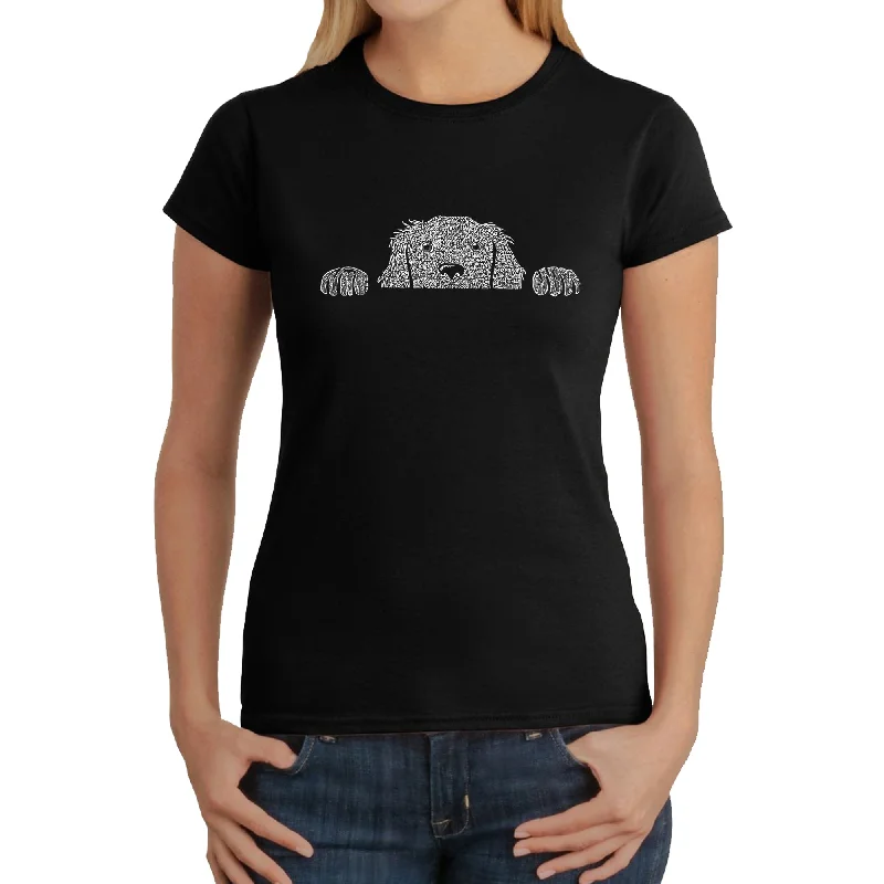 Peeking Dog  - Women's Word Art T-Shirt Dapper Women's Bow - adorned