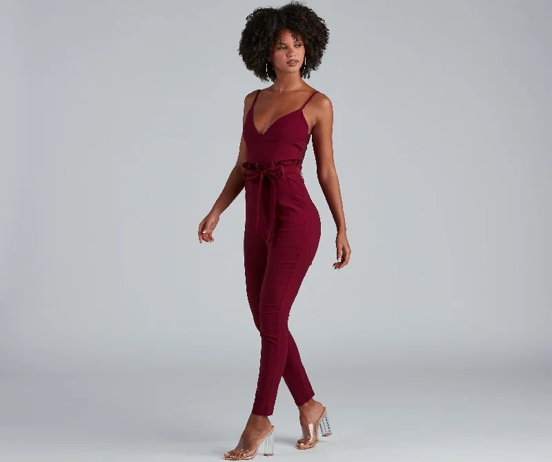 Stylish And Tapered Tie Waist Jumpsuit Classic Women's Tweed