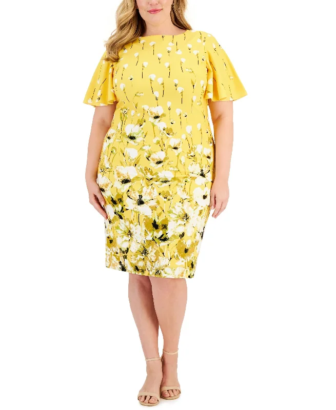 Kasper Plus Size Floral Flutter Sleeve Sheath Dress Bold Women's Statement