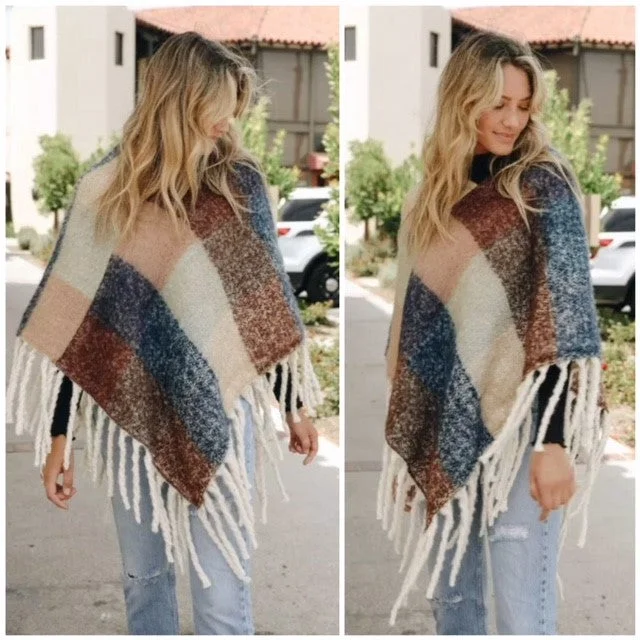Peach Blue Colorblock Tassel Fringe Poncho Casual Womens Business