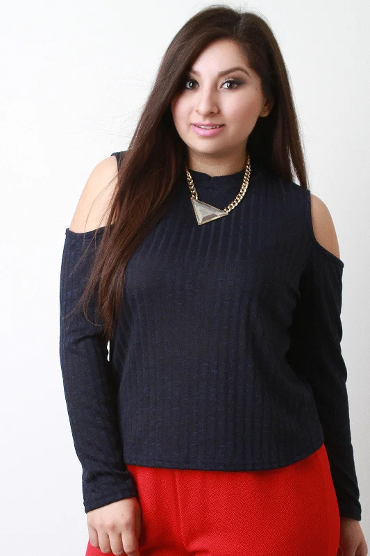 Marled Knit Cowl Neck Long Sleeves Cold Shoulder Top performance