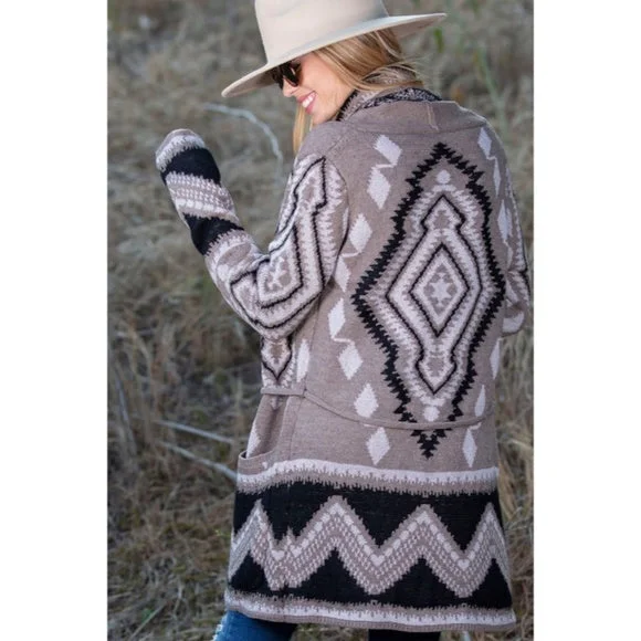 Aztec Tribal Western Patterned Knit Belted Open Cardigan Sweater w/ Pockets Athletic Women's High - 