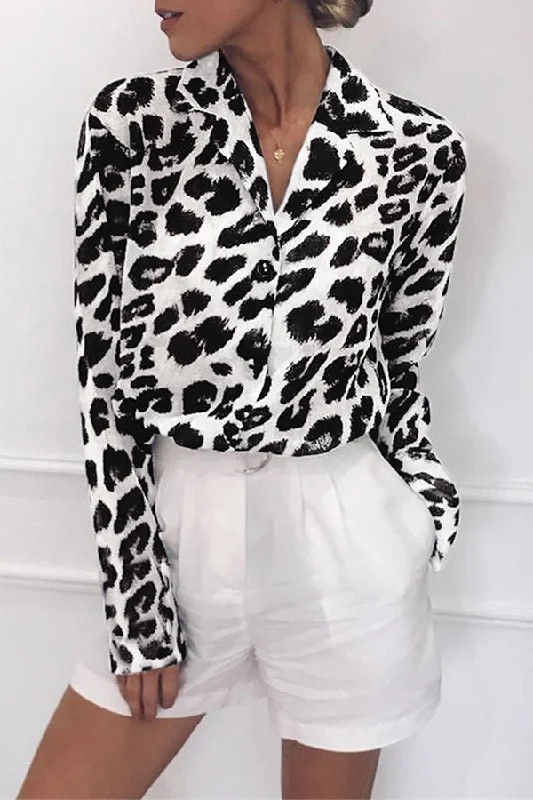 Fashion Casual Leopard Buckle Turndown Collar Blouses(4 Colors) Earthy Women's Hemp - based