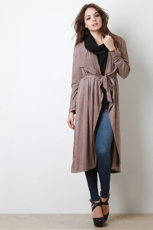Belted Suede Draped Longline Jacket Practical Women's Multi - 